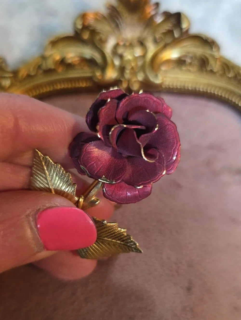 Vintage 3D Red Enamel Rose & Gold Stem Brooch